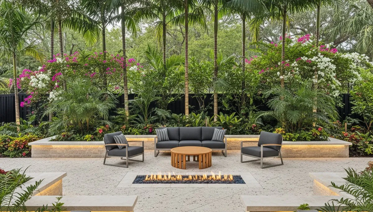 Backyard entertaining patio with lush landscaping and lighting in Fort Lauderdale, FL by Chop Chop Landscaping