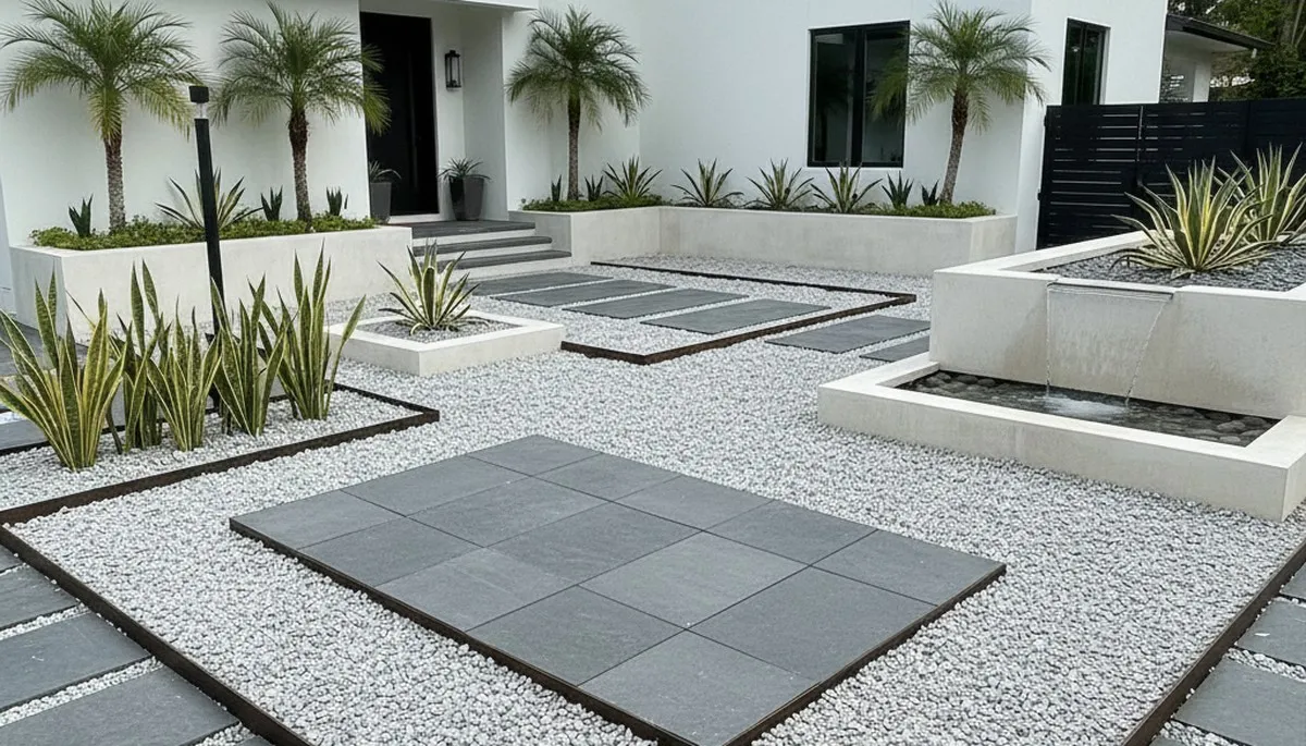 Modern pea gravel landscape with clean lines and plants in Fort Lauderdale, FL by Chop Chop Landscaping