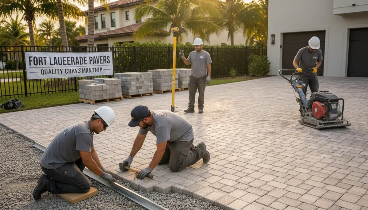 Technicians installing driveway pavers in Fort Lauderdale FL with expert landscaping precision